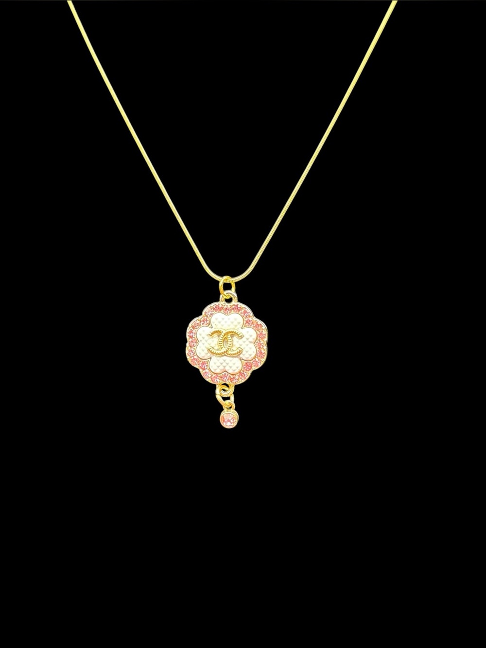 Upcycled  Gold and Pink Camellia Crystal Pendant Necklace